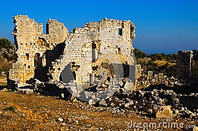 Picturesque landscape view ruins of antique city. Kanlidivane ancient city in Mersin Province, Turkey Stock Photo