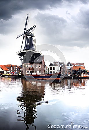 Picturesque landscape with windmill. Haarlem Stock Photo