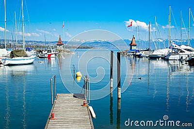 Picturesque little port and sailing boats on Lake Geneva in Morges Stock Photo