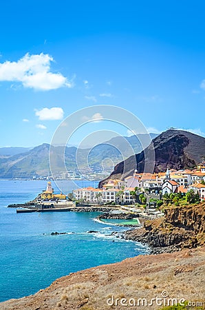 Picturesque Marina da Quinta Grande in Portuguese island Madeira. Small village, harbor located by Ponta de Sao Lourenco. Rocks Stock Photo