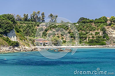 Picturesque Mavratzi beach situated on Vassilikos peninsula on the south east coast of Zakynthos island, Greece. Stock Photo