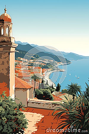 picturesque Mediterranean riviera hilly coastal town Cartoon Illustration