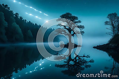 A picturesque, moonlit lake with a sinister-looking, gnarled tree reflected in the calm water, Stock Photo