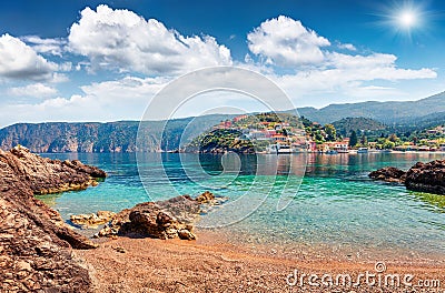 Picturesque morning cityscape of Asos town on the west coast of Cephalonia island, Greece, Europe. Great summer sescape of Ionian Stock Photo