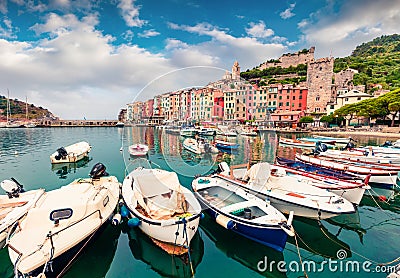 Picturesque morning view of Portovenere town. Great spring seascape of Mediterranean sea, Liguria, province of La Spezia, Italy, Stock Photo