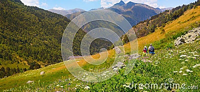 Picturesque mountain scenery and tourists on hiking trail Editorial Stock Photo