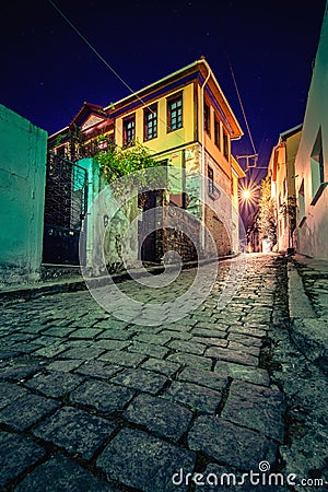 Picturesque narrow street and buildings in the old town of Xanthi, Greece Editorial Stock Photo