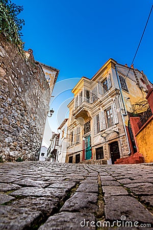 Picturesque narrow street and buildings in the old town of Xanthi, Greece Editorial Stock Photo