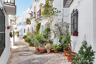 Picturesque narrow street decorated with plants Stock Photo