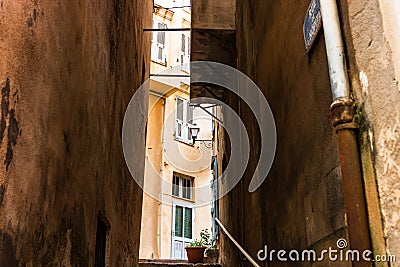 Picturesque, narrow streets of the old city of Bonifacio, Corsica Stock Photo
