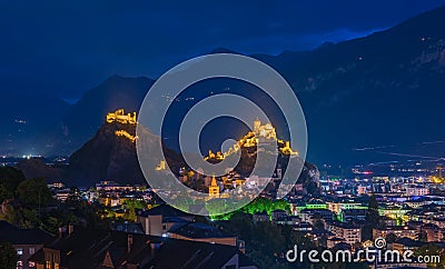 Picturesque nightscape of medieval town Sion, Valais Canton, Switzerland Stock Photo