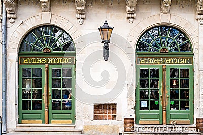 Picturesque nook, street cafe Atlas in old town Lviv. Editorial Stock Photo
