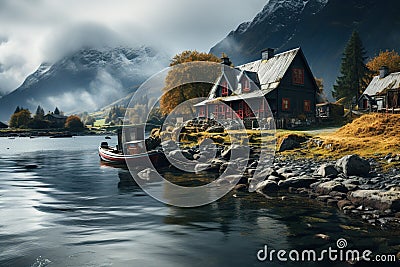 Picturesque Norwegian Fjord Cabin and Boat in Autumn. Generative AI Stock Photo