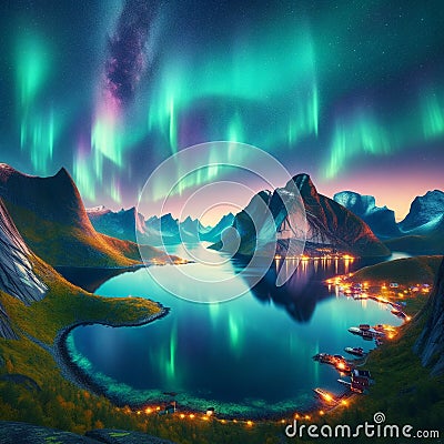 Picturesque Norwegian Fjord at Night with Northern Lights, AI Stock Photo