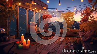 Scenic Outdoor Terrace with Charming String Lights. Enjoying a Cozy Autumn Evening on a Beautiful House's Rooftop Stock Photo