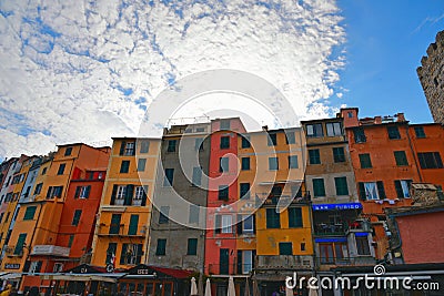 10.04.2017. Picturesque panorama with landscape of the harbor with colorful houses and the boats in Porto Venere, Italy, Liguria Editorial Stock Photo