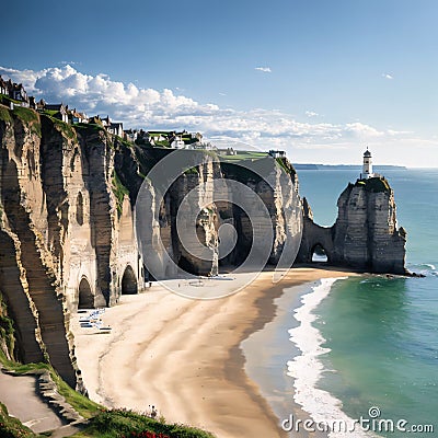 Picturesque panoramic landscape on the cliffs of Etretat. Natural amazing cliffs. Etretat, Normandy, France, La Manche Stock Photo