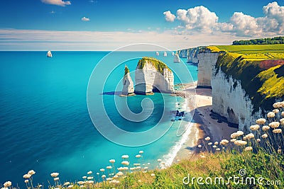 Picturesque panoramic landscape on the cliffs, nature, sea & ocean Cartoon Illustration