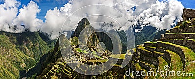 Picturesque panoramic view of terraces of Machu Picchu. Stock Photo