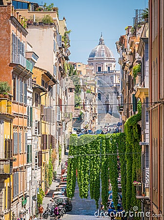 The picturesque Rione Monti in Rome, with the Basilica of Santa Maria Maggiore in the background. Editorial Stock Photo
