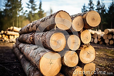 A picturesque scene capturing a pile of logs sitting peacefully on the forest floor, Log trunks pile, Wooden trunks pine, Logging Stock Photo