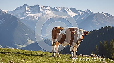 A Picturesque Scene of a Cow at Peace in the High Meadows, Towering Snowy Mountains as the Backdrop. Generative AI Stock Photo