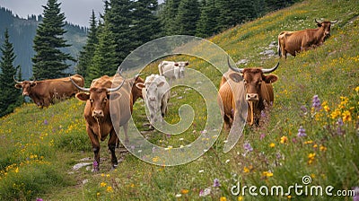Alpine Serenity: Cows Grazing on Wildflower Meadow. Generative AI Stock Photo