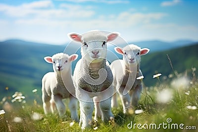 Picturesque scene of a group of cute sheep peacefully grazing in the serene alpine meadows Stock Photo