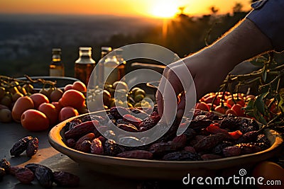 A picturesque scene of hands picking fresh dates at sunset, eid and ramadan images Stock Photo