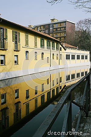 Picturesque scene of Milan's Naviglio Martesana, a peaceful haven amidst the bustling city Stock Photo