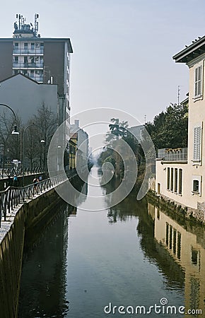 Picturesque scene of Milan's Naviglio Martesana, a peaceful haven amidst the bustling city Stock Photo