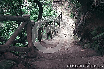 A picturesque staircase in the jungle of Vietnam Stock Photo