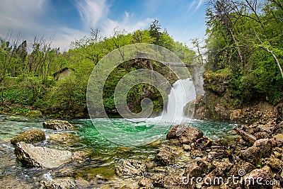 Picturesque Sum waterfall on Radovna river in the end of Vintar gorge, Slovenia Stock Photo
