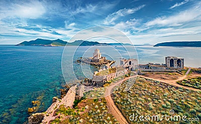 Picturesque summer view from flying drone of old Methoni Castle. Stock Photo