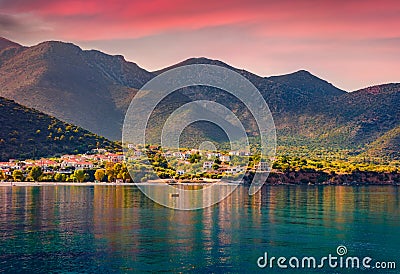 Picturesque summer view of Kyparissi village. Amazing sunset on Peloponnese peninsula, Greece, Europe. Stock Photo