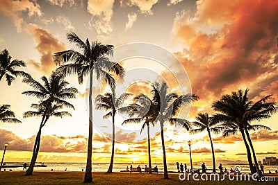 Picturesque sunset along Waikiki Beach Stock Photo