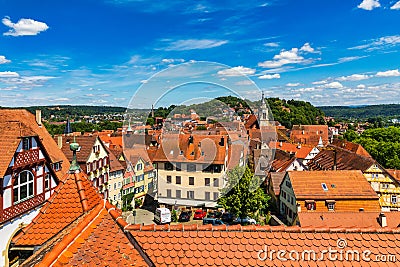 Picturesque town of Tuebingen with colourful half-timbered houses, crossed by the river Neckar. Houses at river Neckar and Stock Photo