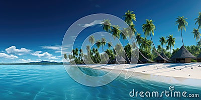 Sunny day at tropical beach with palm trees, huts, and crystal clear water Stock Photo