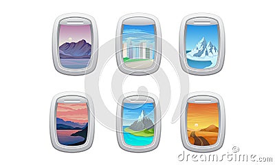 Picturesque View from Airplane Window or Porthole Vector Set Vector Illustration