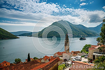 Picturesque view of beautiful Boka Kotor bay and Perast village from high viewpoint Editorial Stock Photo