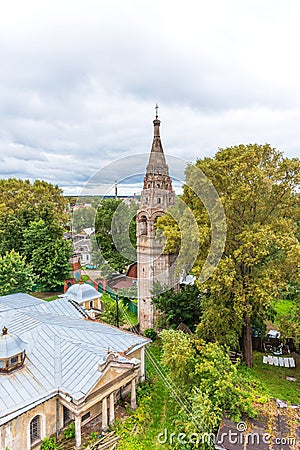 Picturesque view of The Bell tower of the Resurrection Cathedral in Ostashkov, Tver region, Russia. Panoramic view of historical Stock Photo