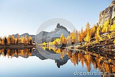 Picturesque view on Federa Lake in sunrise time Stock Photo