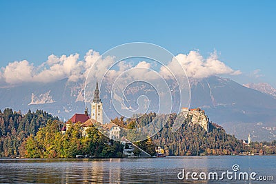 Picturesque view of the island on Lake Bled and Bled castle. Stock Photo