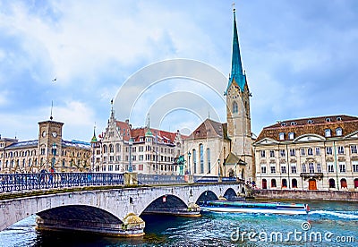 Munsterbrucke bridge that spans the Limmat River and stunning Fraumunster church, Zurich, Switzerland Stock Photo