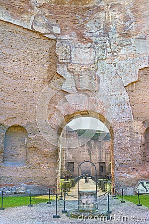 Picturesque view on passage to Frigidarium in the ruins the ancient roman Baths of Caracalla ( Thermae Antoninianae ) Editorial Stock Photo