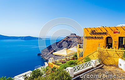 Scenic view clifftop restaurant Santorini island Caldera Greece Editorial Stock Photo