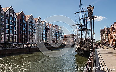 Picturesque view of the riverside with characteristic medieval Crane and historic buildings near the Motlawa river in the port. Editorial Stock Photo