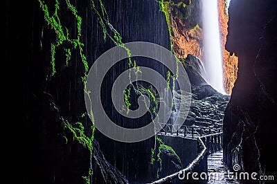 Picturesque view on the waterfall `Cola de caballo` from the cave `Gruta iris` Stock Photo