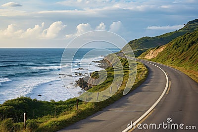 Scenic Coastal Road Along Rugged Cliffs, AI Generated Stock Photo