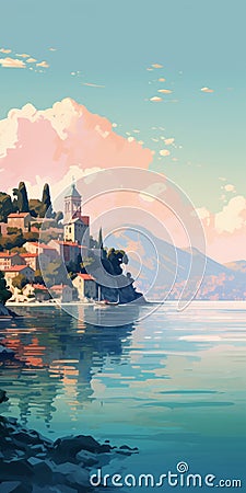 Romantic Neogeo Painting: Town On Water With Calm Seas And Mountainous Vistas Stock Photo